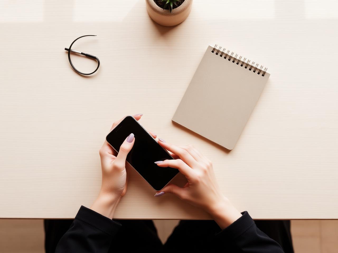 Mãos segurando um celular sobre uma mesa de madeira clara