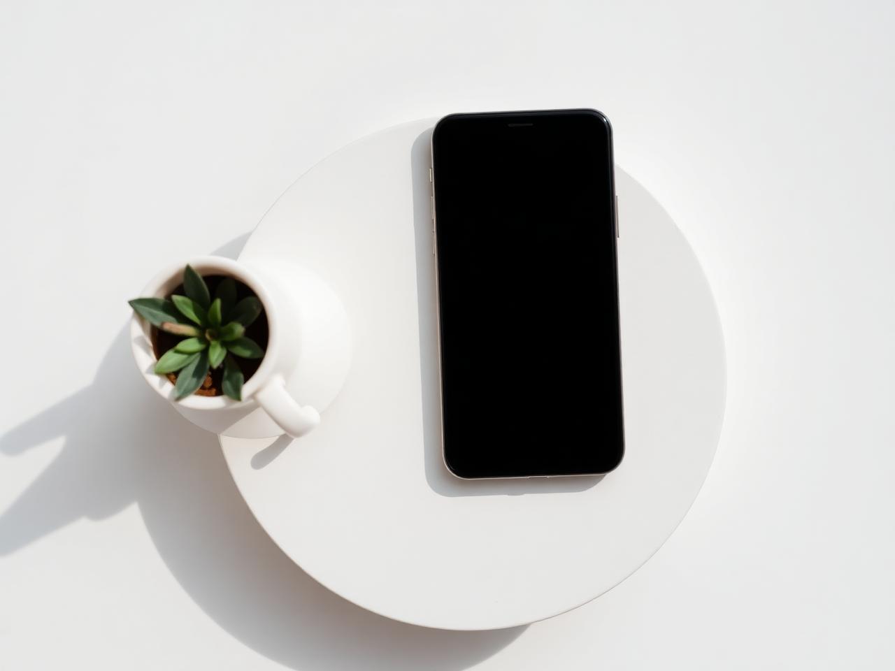 Cena minimalista com celular sobre mesa branca